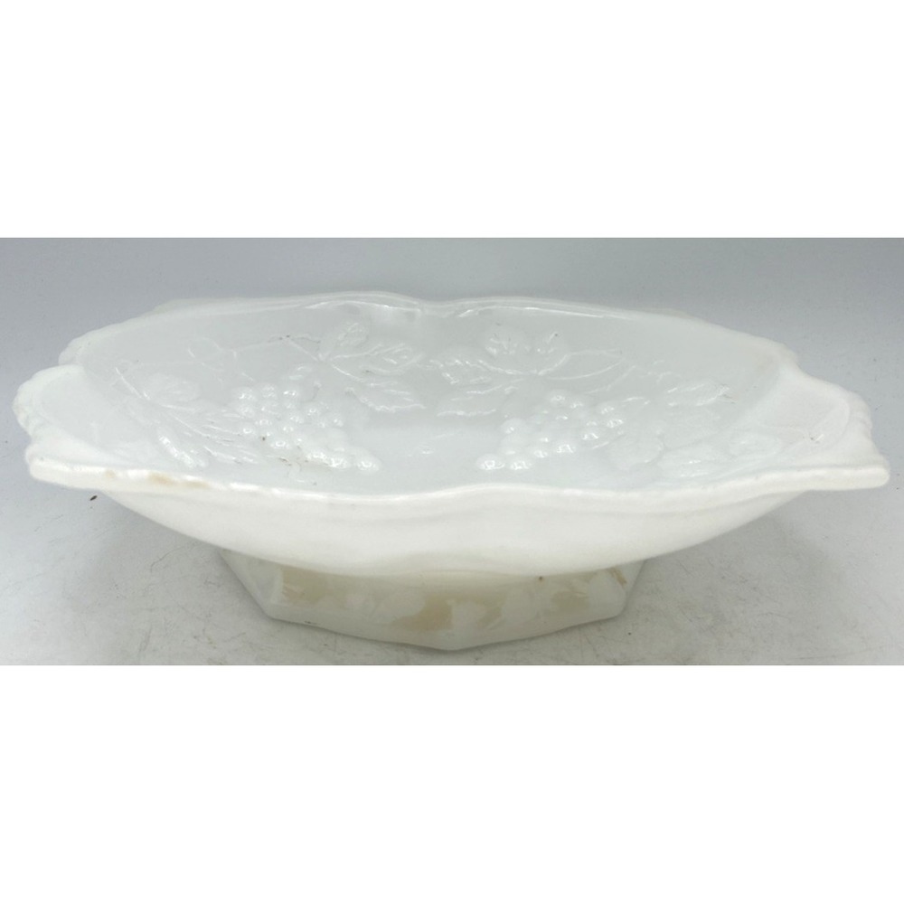 VINTAGE ANCHOR HOCKING Pressed Milk Glass Footed Candy Dish Bowl - GRAPE VINES
